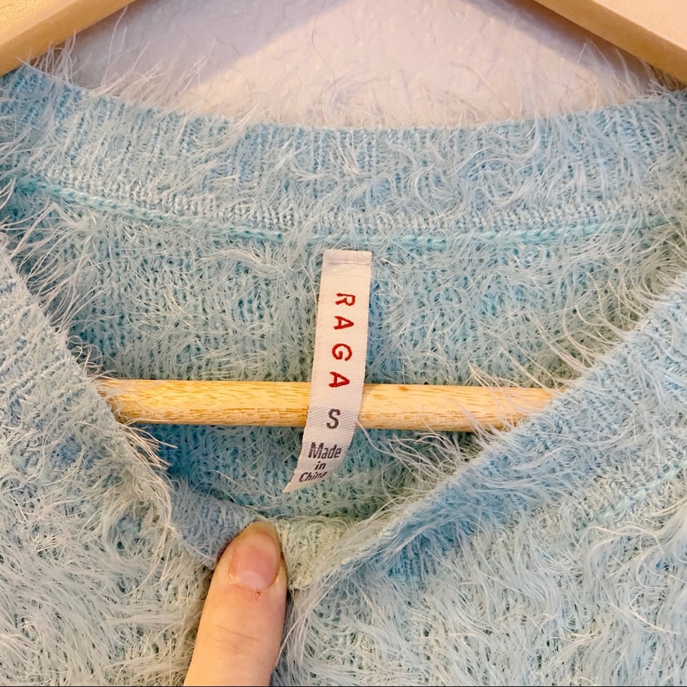 RAGA Seafoam Blue Green Super Fuzzy Soft Chenille Sweater Balloon Sleeves Small_2